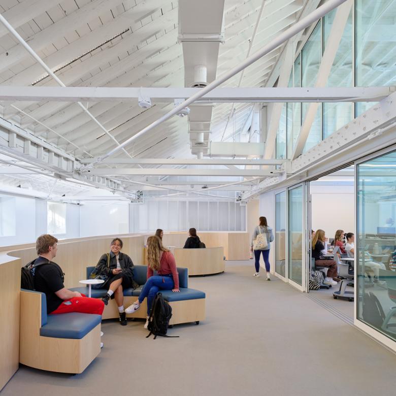 Student lounge space in the Sandi Simon Center for Dance.