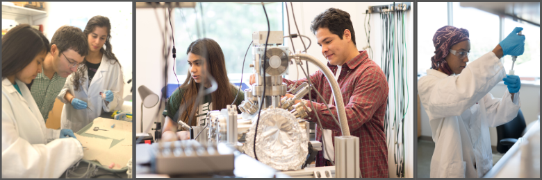 people in lab coats studying objects